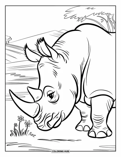 Kleurplaat van een neushoorn voor kinderen: Neushoorn snuffelt aan bloemen in een rustig heuvelachtig landschap