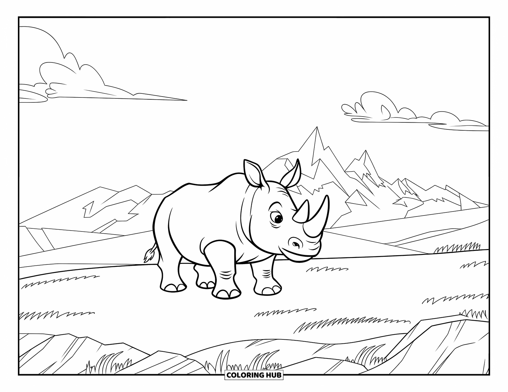 Rhino Coloring Page for Kids: Rhino standing on grass with snowy mountains in the distance