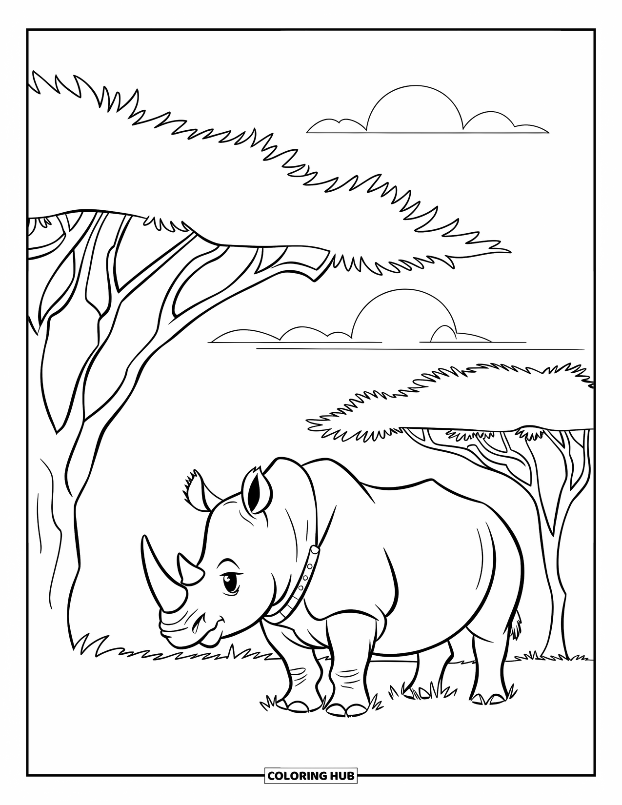 Rhino Coloring Page for Kids: Rhino standing under acacia trees with the sun in the distance