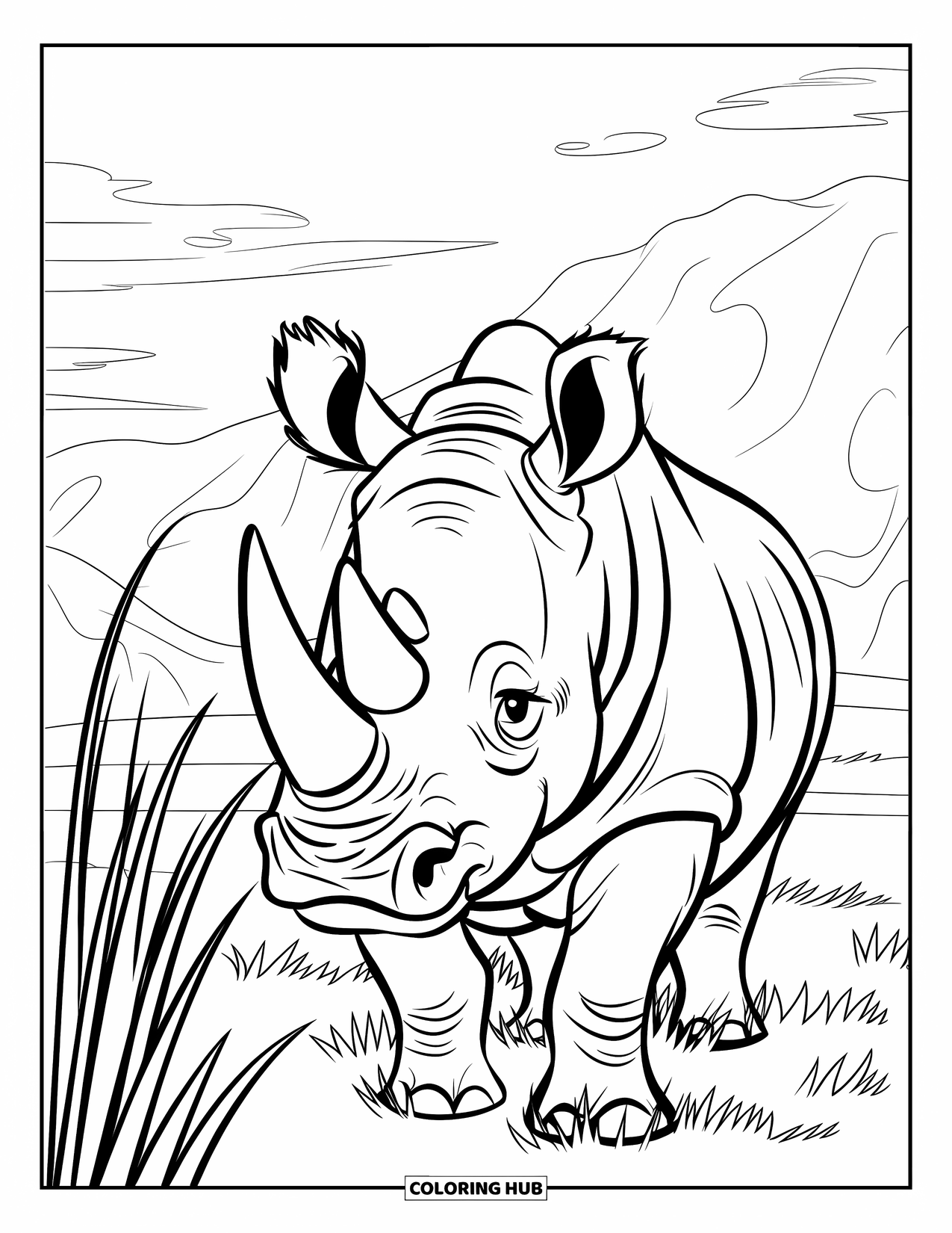 Rhino Coloring Page for Kids: Rhino stands in grass with a mountain view behind
