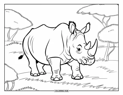 Kleurplaat van een neushoorn voor kinderen: Neushoorn staat in het gras en kijkt opzij bij kleine savannestruiken