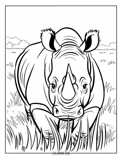 Kleurplaat van een neushoorn voor kinderen: Neushoorn kijkt recht vooruit vanuit het hoge gras in een open veld