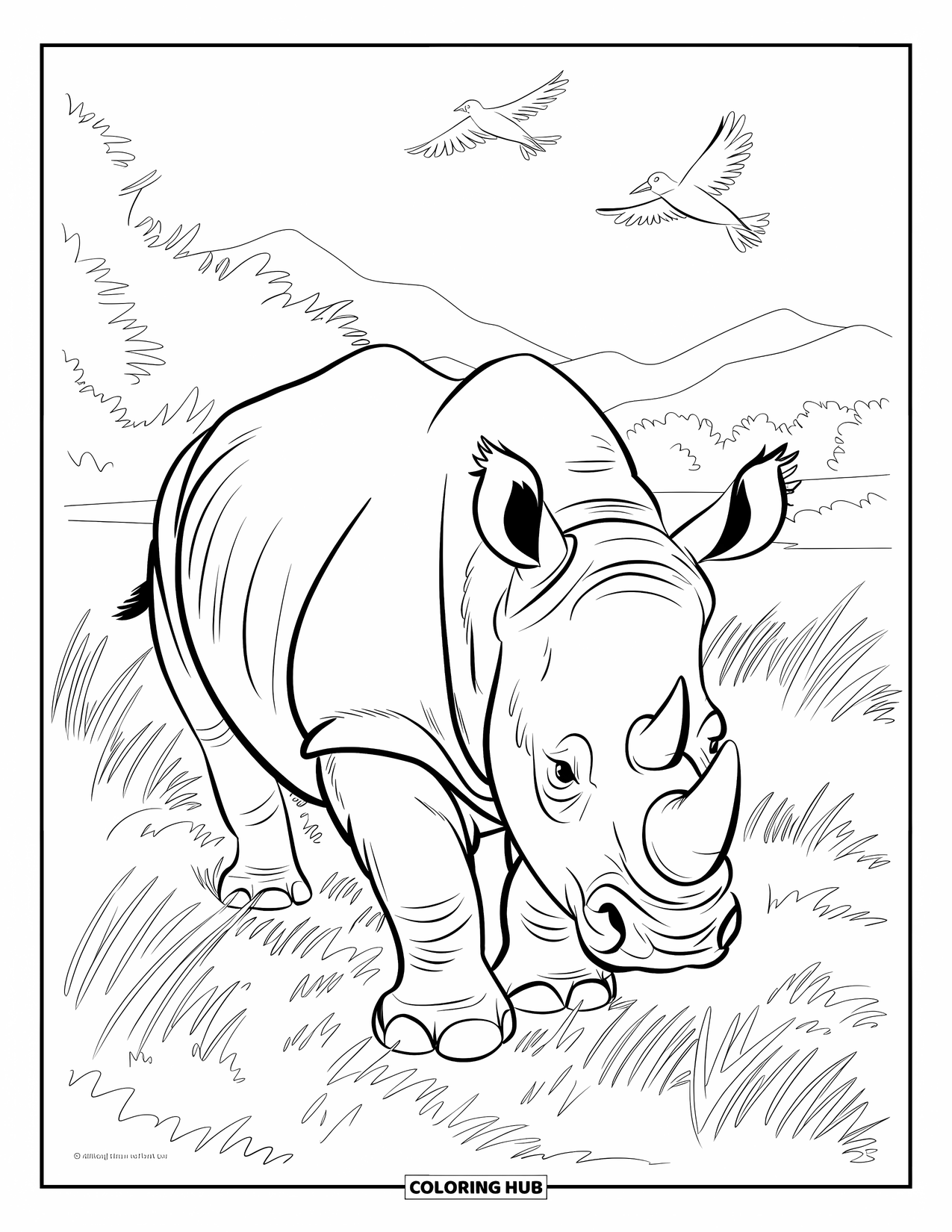 Rhino Coloring Page for Kids: Rhino strolls through thick grass with trees and birds above