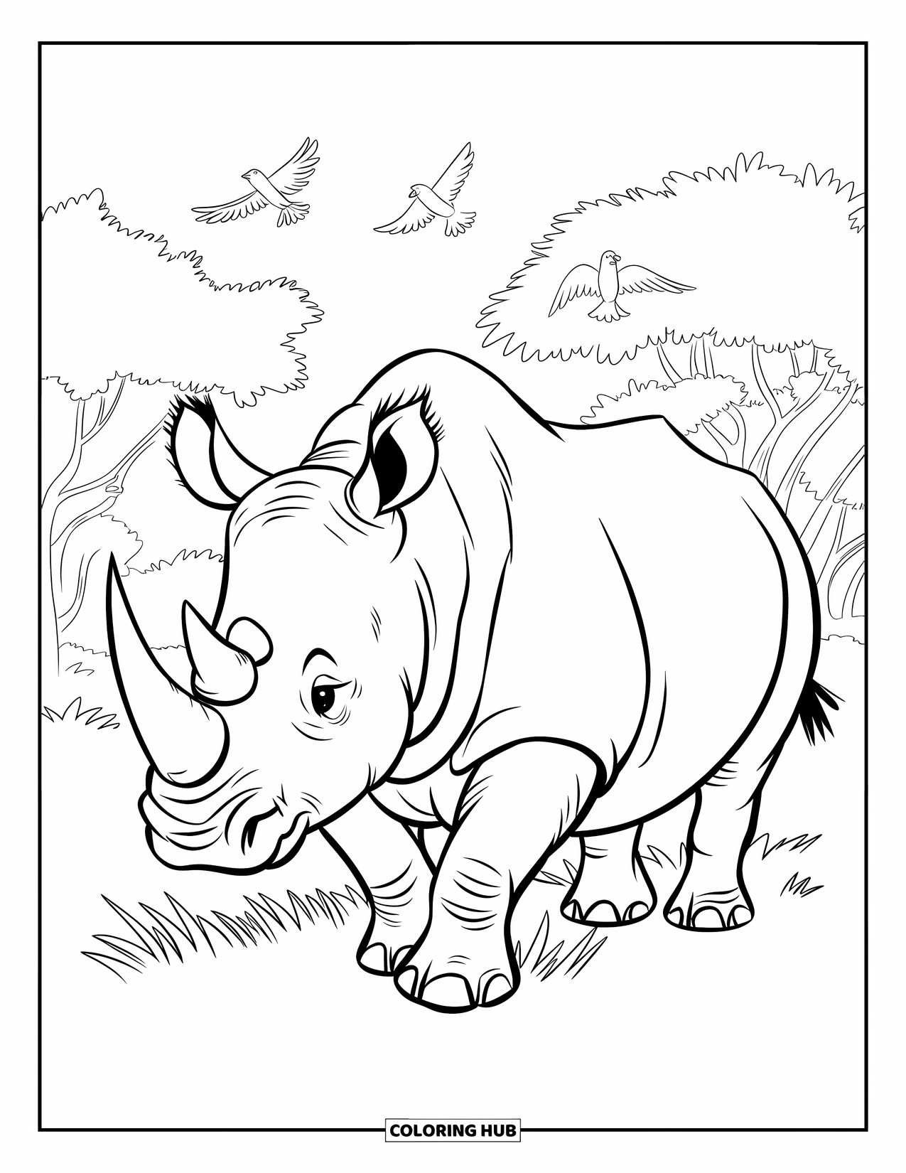 Rhino Coloring Page for Kids: Rhino walking through grass while birds fly above