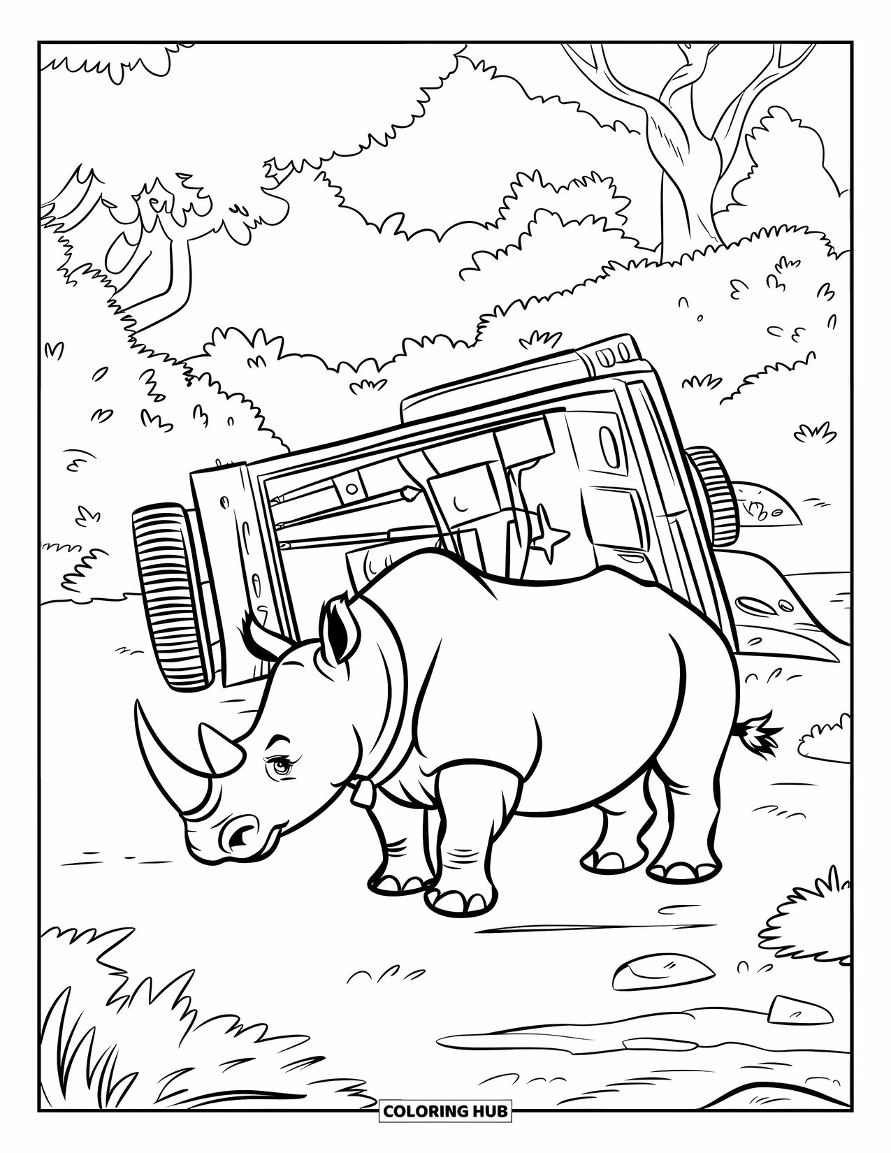 Rhino Coloring Page for Kids: Rhino with a collar beside a broken-down safari jeep