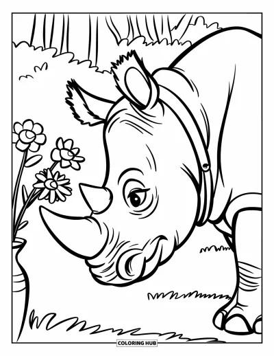 Kleurplaat van een neushoorn voor kinderen: Neushoorn met halsband ruikt aan bloemen in een vaas buiten