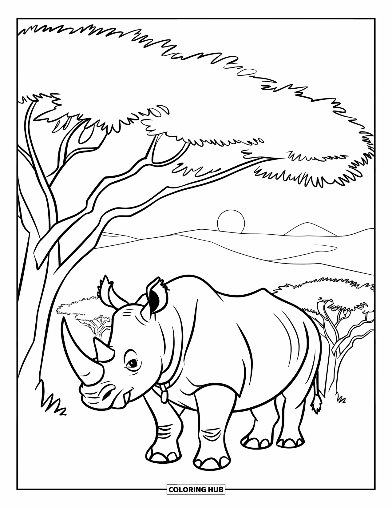 Rhino Coloring Page for Kids: Rhino with a collar under thorny acacia trees and a bright sun