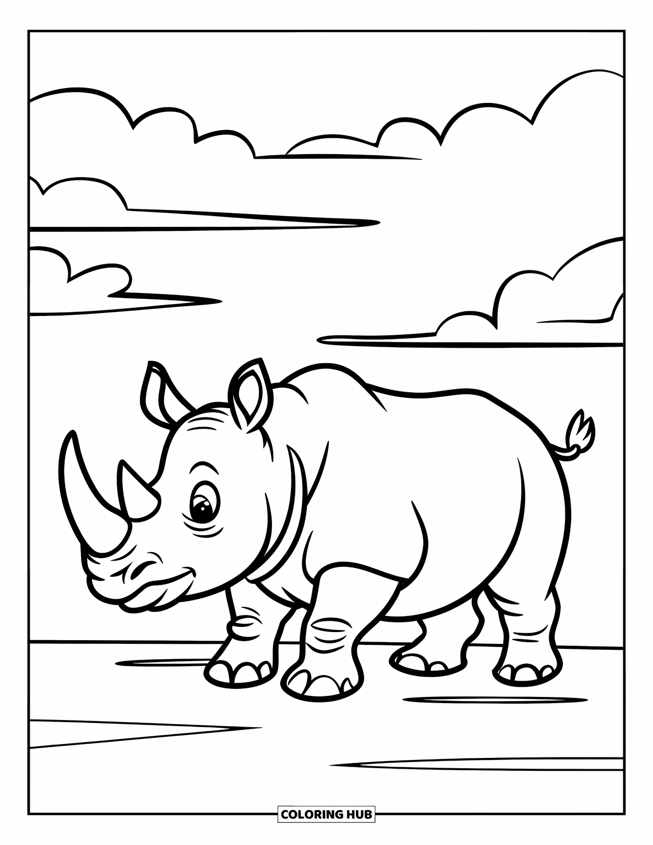 Rhino Coloring Page for Kids: Rhino with a collar walks under fluffy clouds on flat land