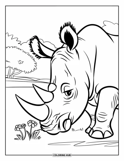 Kleurplaat van een neushoorn voor kinderen: Mollige neushoorn snuffelt aan bloemen in een vredig groen veld