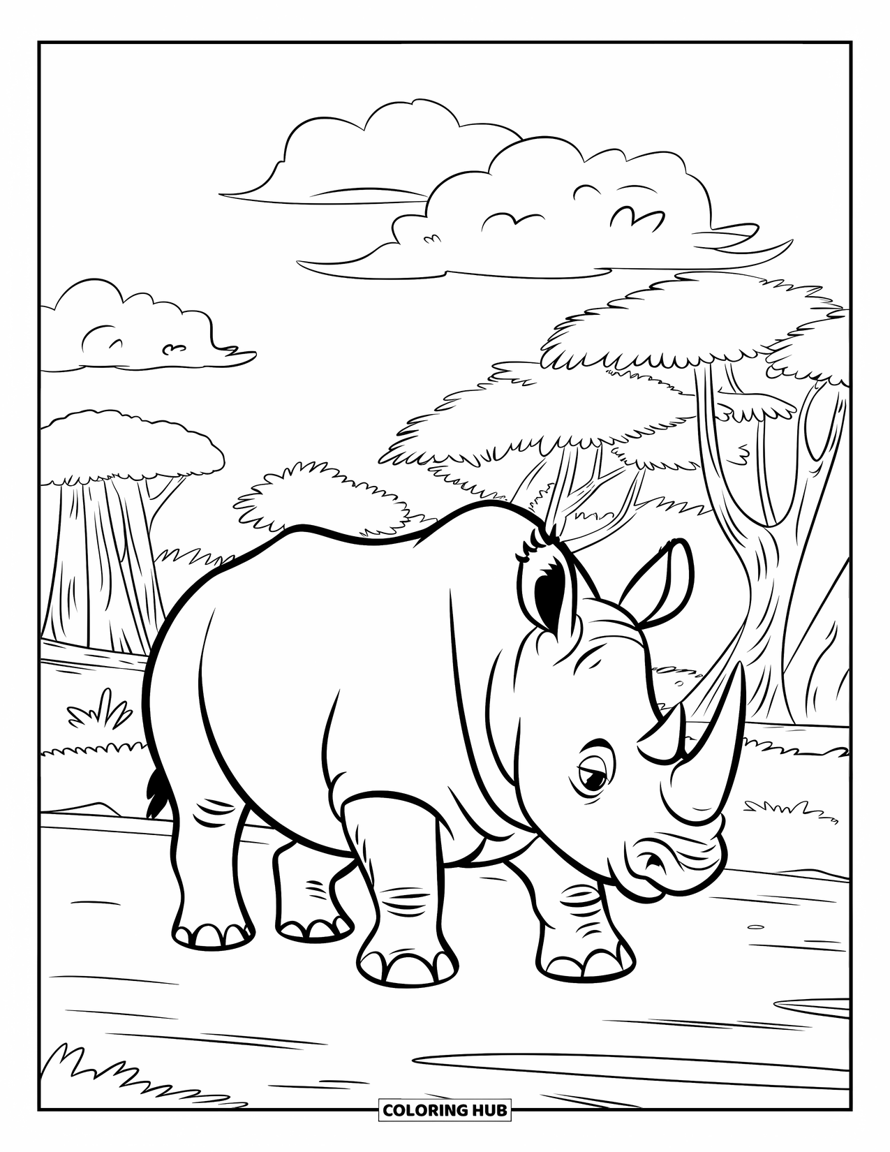 Rhino Coloring Page for Kids: Round rhino walks a path toward a forest under a cloudy sky