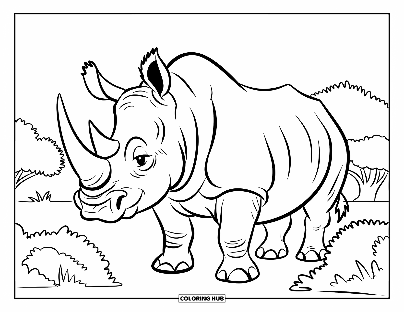 Rhino Coloring Page for Kids: Side-facing rhino with a big horn standing among bushes