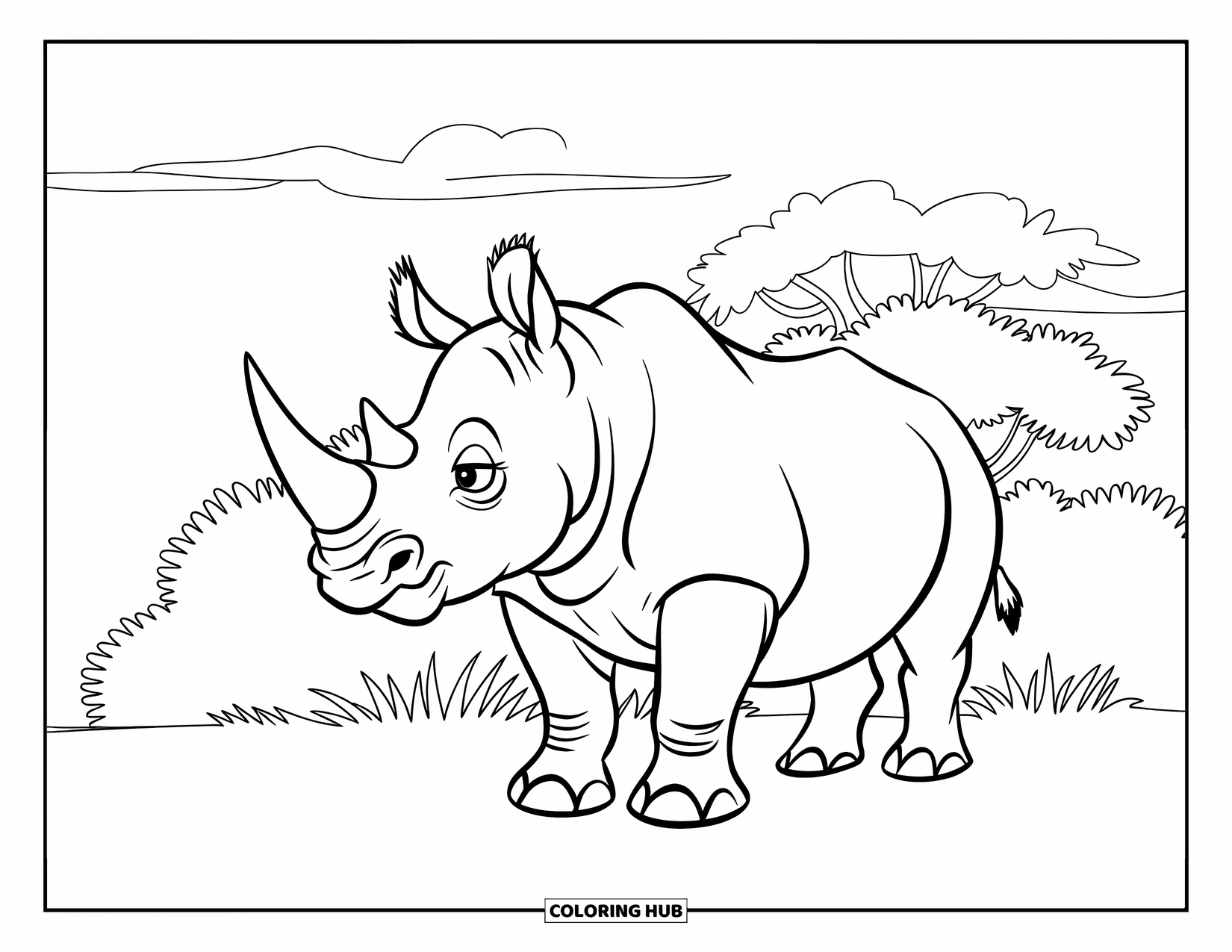 Rhino Coloring Page for Kids: Side-view rhino surrounded by short bushes under a clear sky