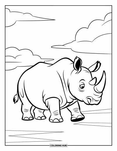 Kleurplaat van een neushoorn voor kinderen: Eenvoudige neushoorn loopt over vlak terrein onder bolle wolken