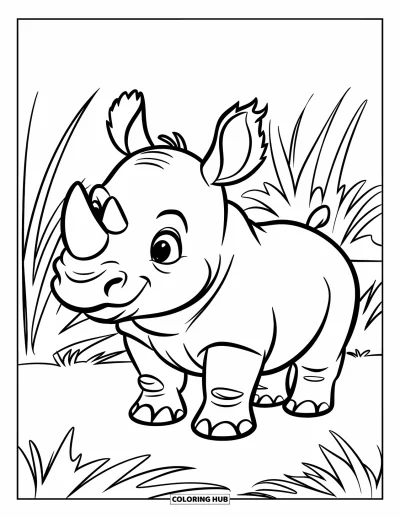 Kleurplaat van een neushoorn voor kinderen: Lachende jonge neushoorn staat alleen in een grazig wildgebied