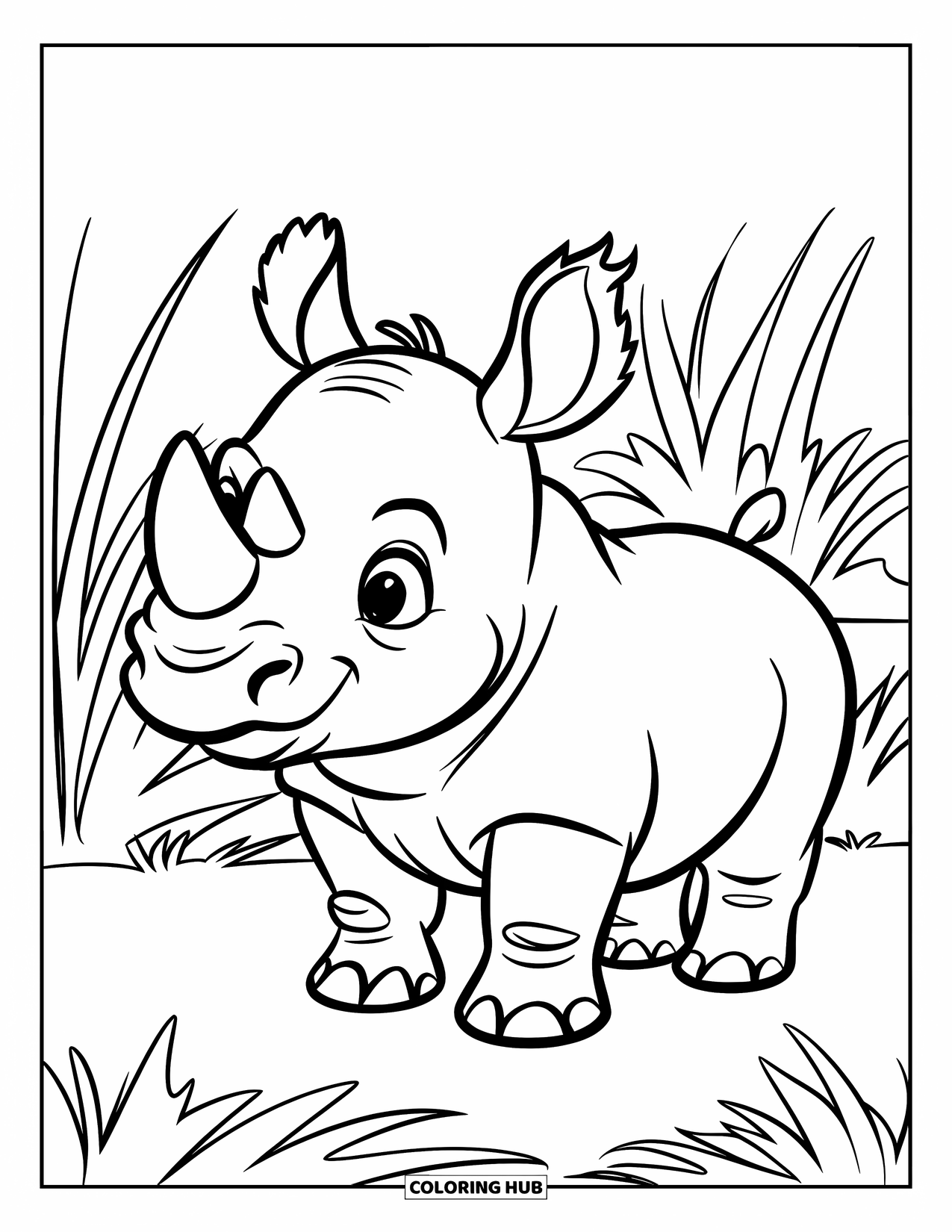 Rhino Coloring Page for Kids: Smiling baby rhino stands alone in a grassy wildlife area