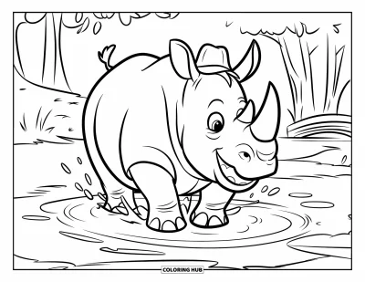 Kleurplaat van een neushoorn voor kinderen: Lachende neushoorn speelt in een plas bij bomen en een brug