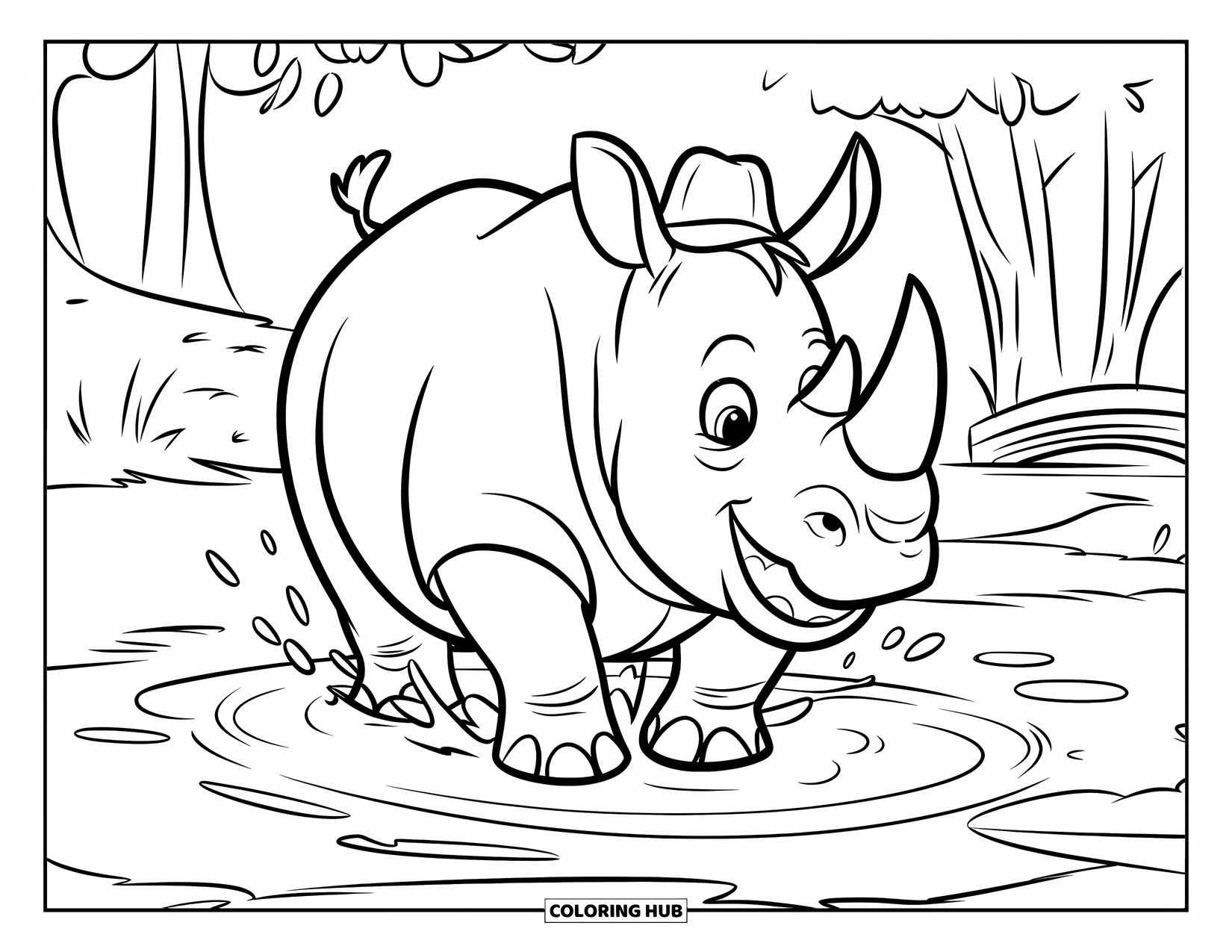 Rhino Coloring Page for Kids: Smiling rhino plays in a puddle near trees and a bridge