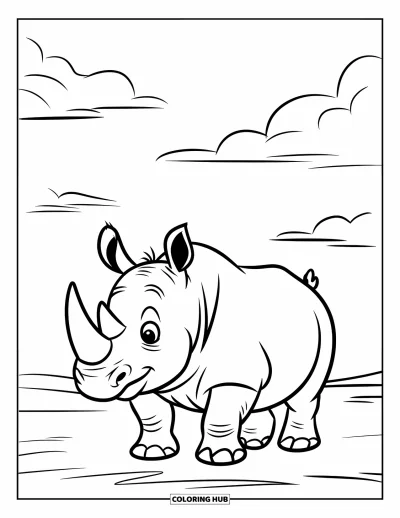 Kleurplaat van een neushoorn voor kinderen: Lachende neushoorn loopt over vlak terrein onder een bewolkte lucht