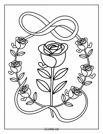 Coloriage de mandala de roses pour adultes : Rose épanouie avec des boucles de ruban et des roses à feuilles en cœur tout autour