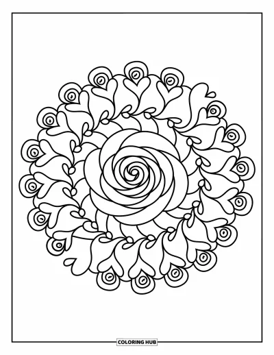 Coloriage de mandala de roses pour adultes : Rose centrale avec des pétales en cœur tourbillonnants et des volutes de feuilles tout autour