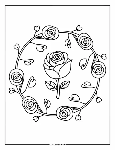Coloriage de mandala de roses pour adultes : Rose centrale enrubannée entourée de feuilles en forme de cœur et de petites roses