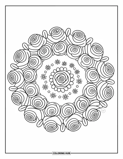 Coloriage de mandala de roses pour adultes : Mandala de roses circulaire garni de roses, d'étoiles et de petits ornements floraux