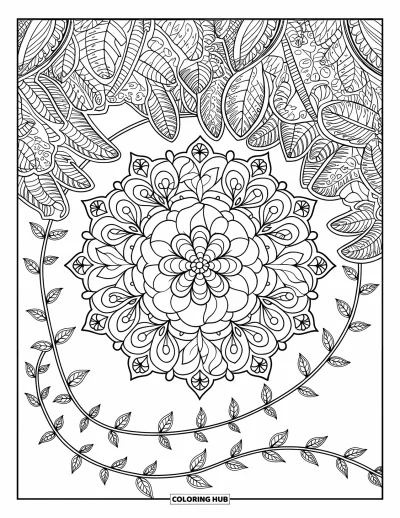 Coloriage de mandala de roses pour adultes : Mandala de roses circulaire enveloppé de lianes et de détails en dentelle de feuilles