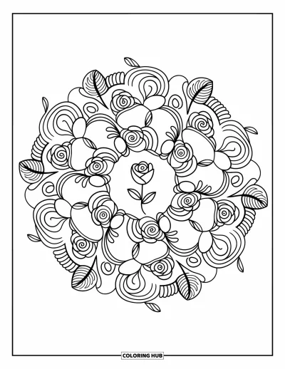 Coloriage de mandala de roses pour adultes : Délicat mandala de roses avec des feuilles arrondies, des roses et des ornements bouclés