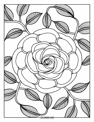Coloriage de mandala de roses pour adultes : Mandala de roses complexe avec des lianes en spirale et des motifs de feuilles ajourés