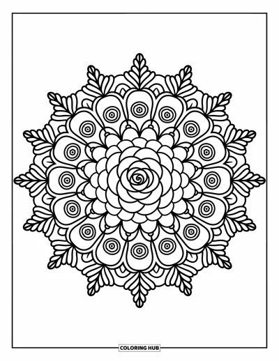 Coloriage de mandala de roses pour adultes : Mandala de roses style dentelle avec des volutes, des feuilles arrondies et des niveaux garnis de roses