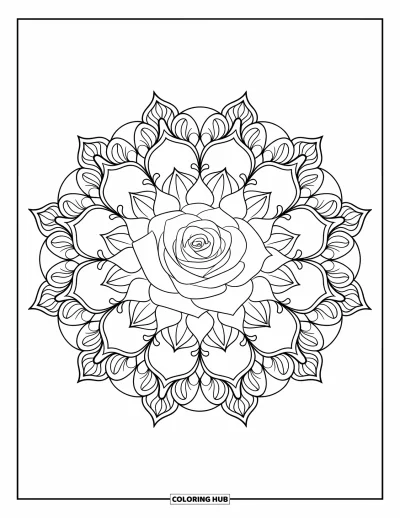 Coloriage de mandala de roses pour adultes : Grand mandala de roses avec une symétrie florale pleine page