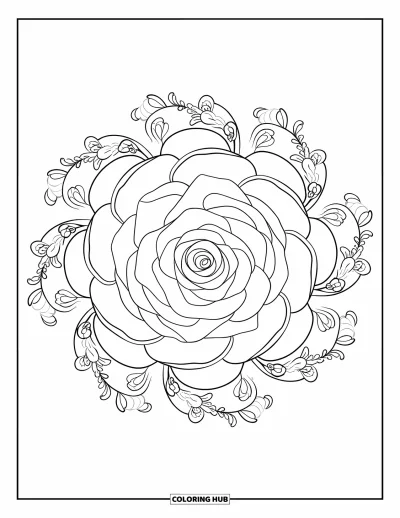 Coloriage de mandala de roses pour adultes : Mandala de roses superposé avec des arabesques et de petits boutons de roses