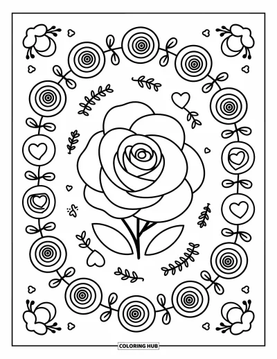 Coloriage de mandala de roses pour adultes : Rose généreuse avec des boucles en forme de cœur et des volutes de feuilles formant une douce spirale