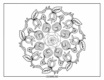Coloriage de mandala de roses pour adultes : Mandala de roses radial avec des lianes, des épines et des feuilles veinées