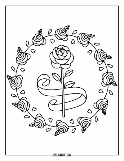 Coloriage de mandala de roses pour adultes : Mandala de roses orné de rubans avec des feuilles en forme de cœur et de petites roses en fleurs