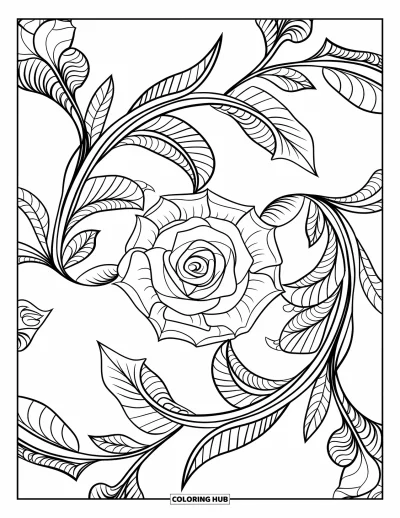 Coloriage de mandala de roses pour adultes : Mandala de roses avec des lianes et des ornements de feuilles style dentelle