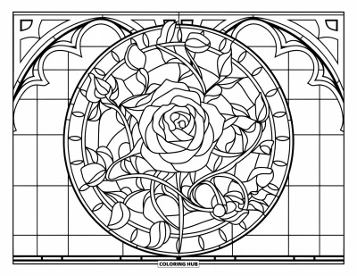 Coloriage de mandala de roses pour adultes : Mandala de roses inscrit dans un cercle vitrail style cathédrale