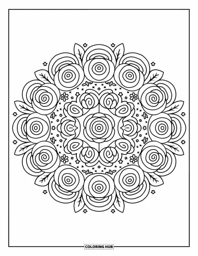 Coloriage de mandala de roses pour adultes : Mandala de roses superposé de fleurs, d'étoiles et de feuilles arrondies