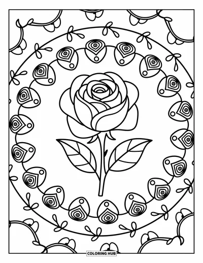 Coloriage de mandala de roses pour adultes : Spirale de mandala de roses avec des cœurs de roses et de petites feuilles enroulées
