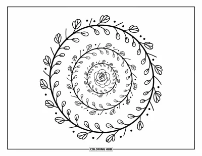 Coloriage de mandala de roses pour adultes : Le mandala de roses se déploie en spirale depuis le centre avec des feuilles, des pétales et des lianes