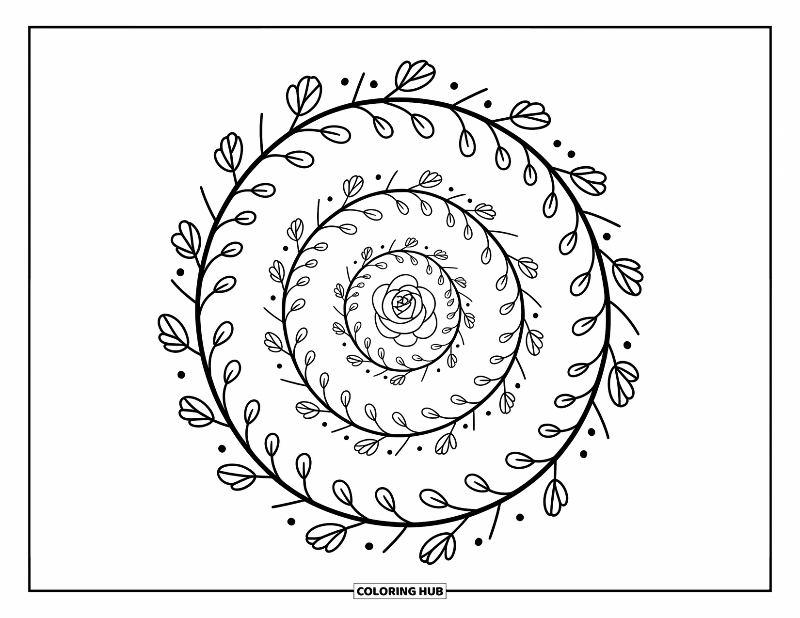 Rose Mandala Coloring Page for Adults: Rose mandala spirals from the center with leaves, petals, and vines