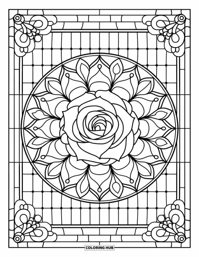 Coloriage de mandala de roses pour adultes : Mandala de roses entouré d'éléments vitrail et de bordures florales