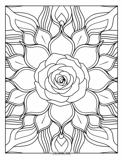 Coloriage de mandala de roses pour adultes : Mandala de roses avec un centre expressif et une symétrie de pétales