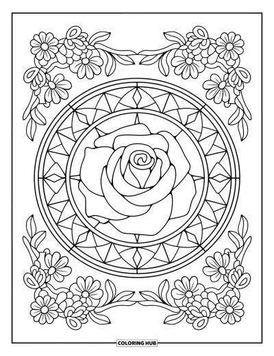 Coloriage de mandala de roses pour adultes : Mandala de roses avec des pétales détaillés et des éléments géométriques vitrail