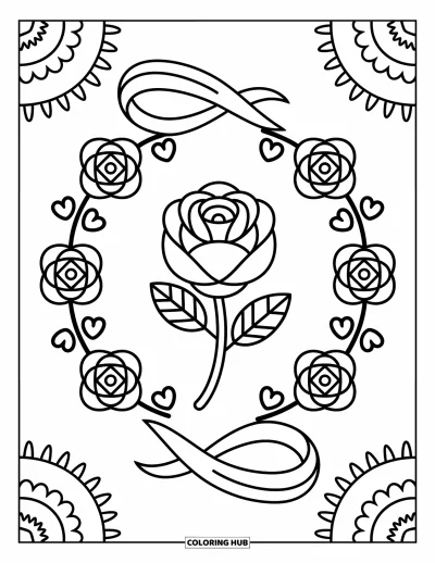 Coloriage de mandala de roses pour adultes : Mandala de roses avec un ruban ondulant, des feuilles en cœur et de charmants éléments floraux