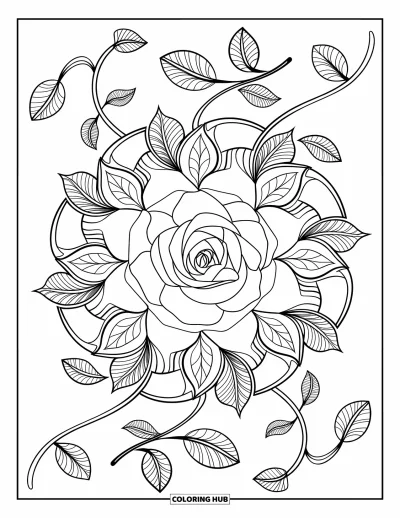 Coloriage de mandala de roses pour adultes : Mandala de roses avec des feuilles ajourées et des lianes en spirale