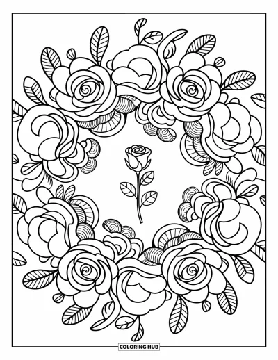 Coloriage de mandala de roses pour adultes : Mandala de roses avec des niveaux en dentelle de roses et de douces volutes de feuilles