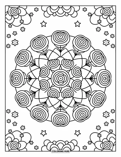 Coloriage de mandala de roses pour adultes : Mandala de roses à plusieurs niveaux avec des rosettes, des étoiles et de chaleureux cercles de feuilles