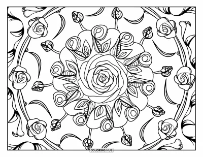 Coloriage de mandala de roses pour adultes : Mandala de roses avec des fleurs variées, des lianes et des détails de feuilles