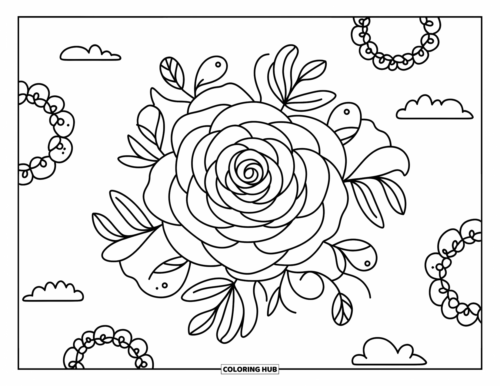 Rose Mandala Coloring Page for Adults: Rose mandala with puffy clouds, curved leaves, and playful floral rings